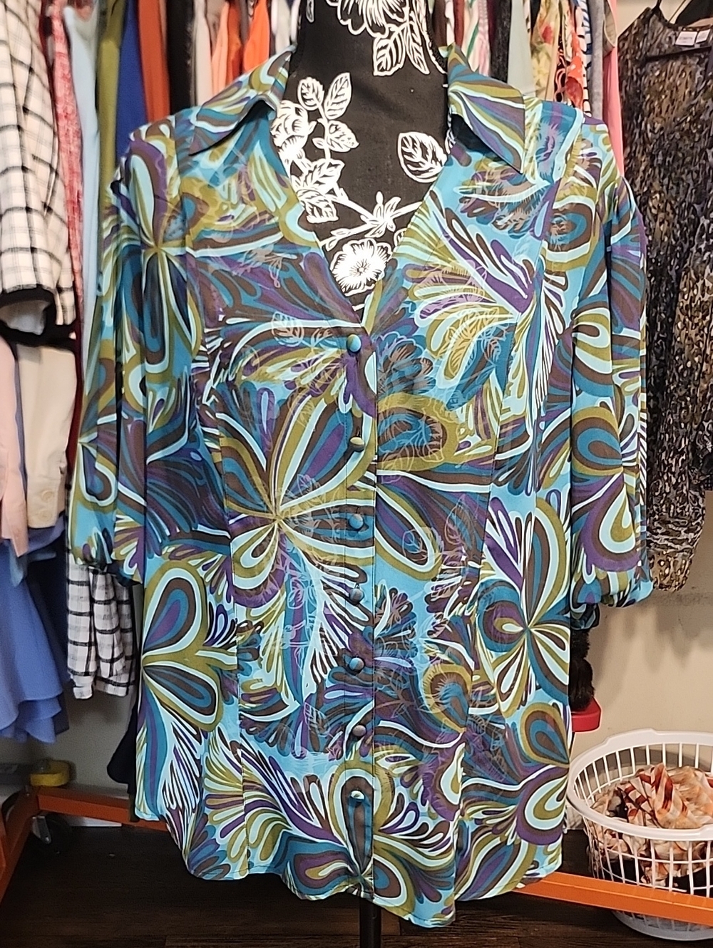 Bisou Bisou Blue Multi-Print Button Front Blouse